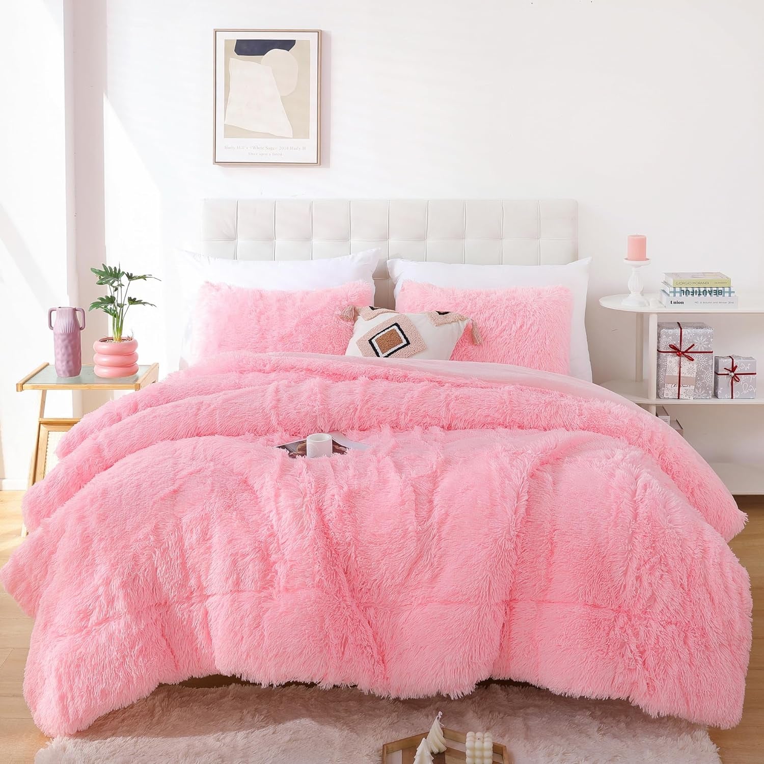 Faux Fur Comforter Set Queen 3Pcs Shaggy Plush Velvet Comforter Soft Fluffy Fuzzy Double-Sided Bedding Luxury Furry Flannel, Pink Full 1 Comforter 2 Pillowcases