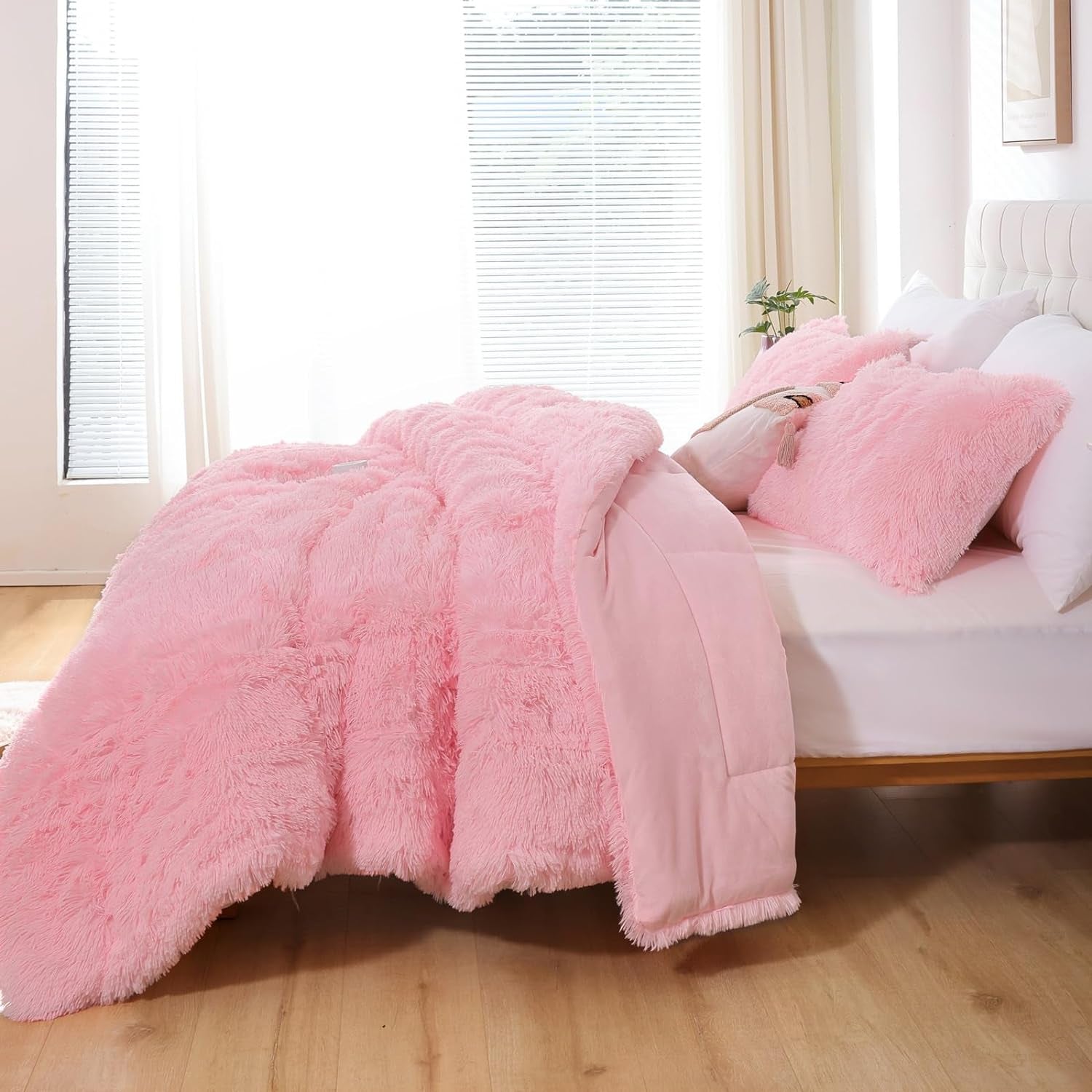 Faux Fur Comforter Set Queen 3Pcs Shaggy Plush Velvet Comforter Soft Fluffy Fuzzy Double-Sided Bedding Luxury Furry Flannel, Pink Full 1 Comforter 2 Pillowcases