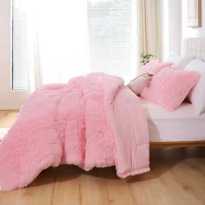 Faux Fur Comforter Set Queen 3Pcs Shaggy Plush Velvet Comforter Soft Fluffy Fuzzy Double-Sided Bedding Luxury Furry Flannel, Pink Full 1 Comforter 2 Pillowcases