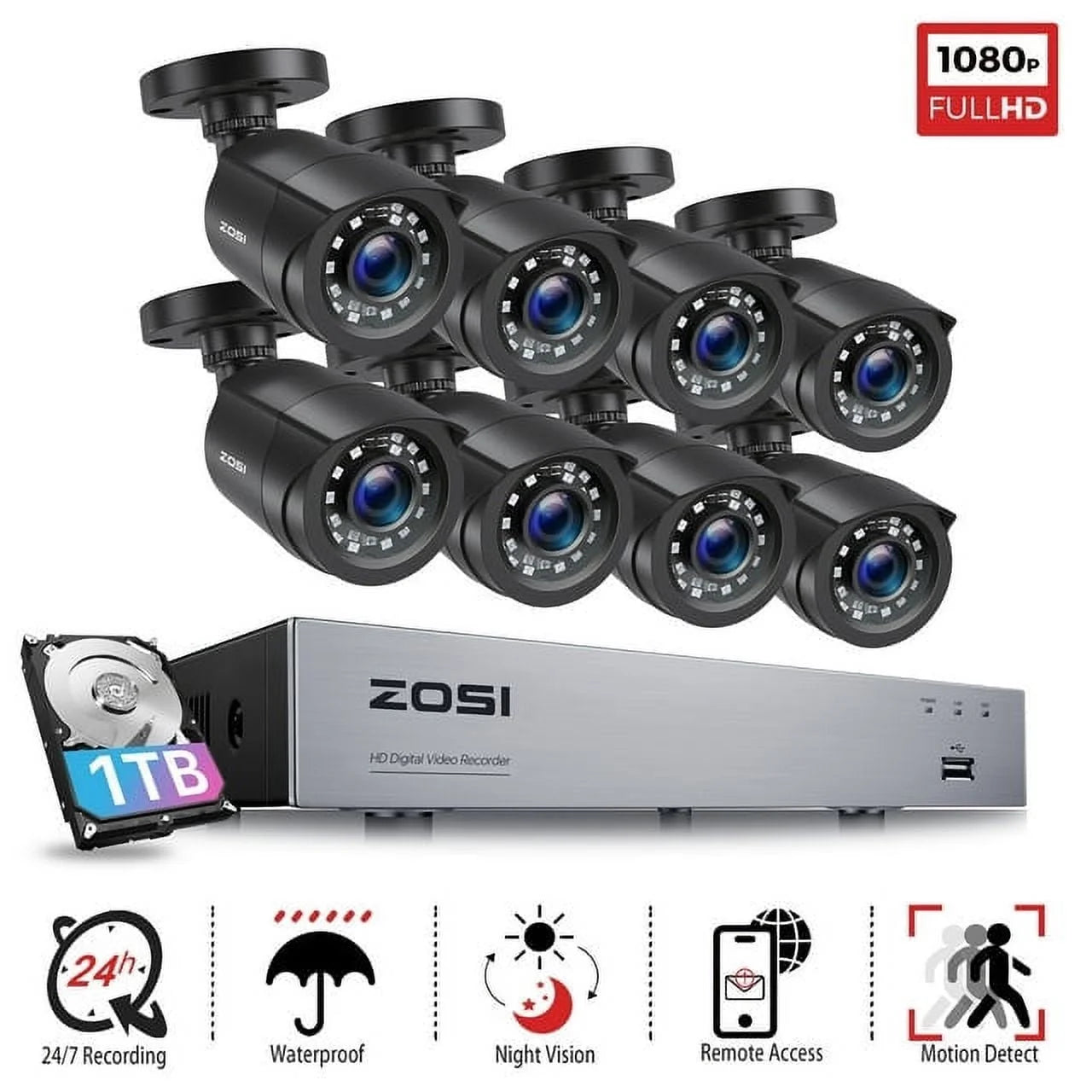 H.265+ CCTV Security Cameras System 8CH 5MP Lite CCTV DVR Recorder with 1TB Hard Drive 1920TVL HD Weatherproof Surveillance Cameras with Night Vision, Motion Alert,Remote Access