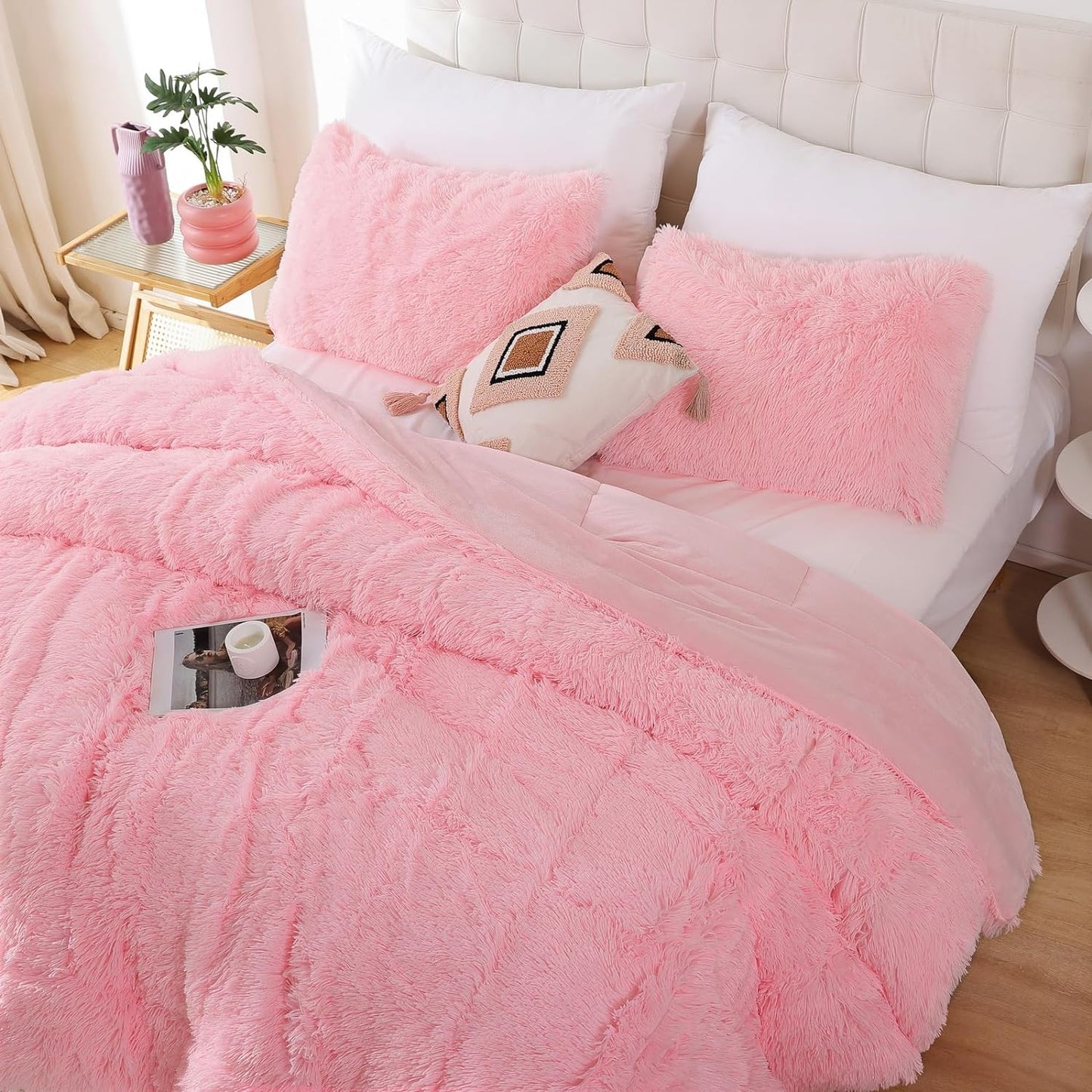 Faux Fur Comforter Set Queen 3Pcs Shaggy Plush Velvet Comforter Soft Fluffy Fuzzy Double-Sided Bedding Luxury Furry Flannel, Pink Full 1 Comforter 2 Pillowcases