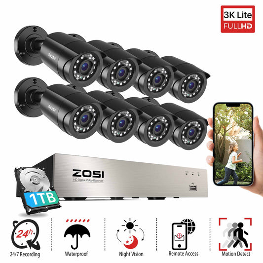 H.265+ CCTV Security Cameras System 8CH 5MP Lite CCTV DVR Recorder with 1TB Hard Drive 1920TVL HD Weatherproof Surveillance Cameras with Night Vision, Motion Alert,Remote Access