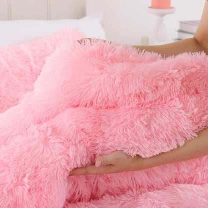 Faux Fur Comforter Set Queen 3Pcs Shaggy Plush Velvet Comforter Soft Fluffy Fuzzy Double-Sided Bedding Luxury Furry Flannel, Pink Full 1 Comforter 2 Pillowcases