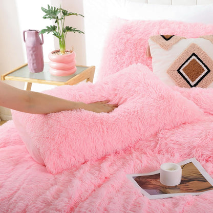 Faux Fur Comforter Set Queen 3Pcs Shaggy Plush Velvet Comforter Soft Fluffy Fuzzy Double-Sided Bedding Luxury Furry Flannel, Pink Full 1 Comforter 2 Pillowcases