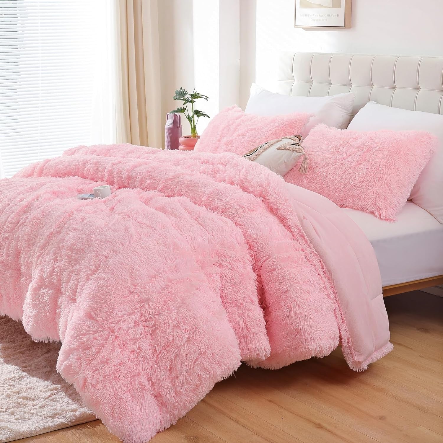 Faux Fur Comforter Set Queen 3Pcs Shaggy Plush Velvet Comforter Soft Fluffy Fuzzy Double-Sided Bedding Luxury Furry Flannel, Pink Full 1 Comforter 2 Pillowcases